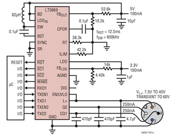 LT3669 IO-Link Transceiver with Integrated Step-Down Regulator and LDO